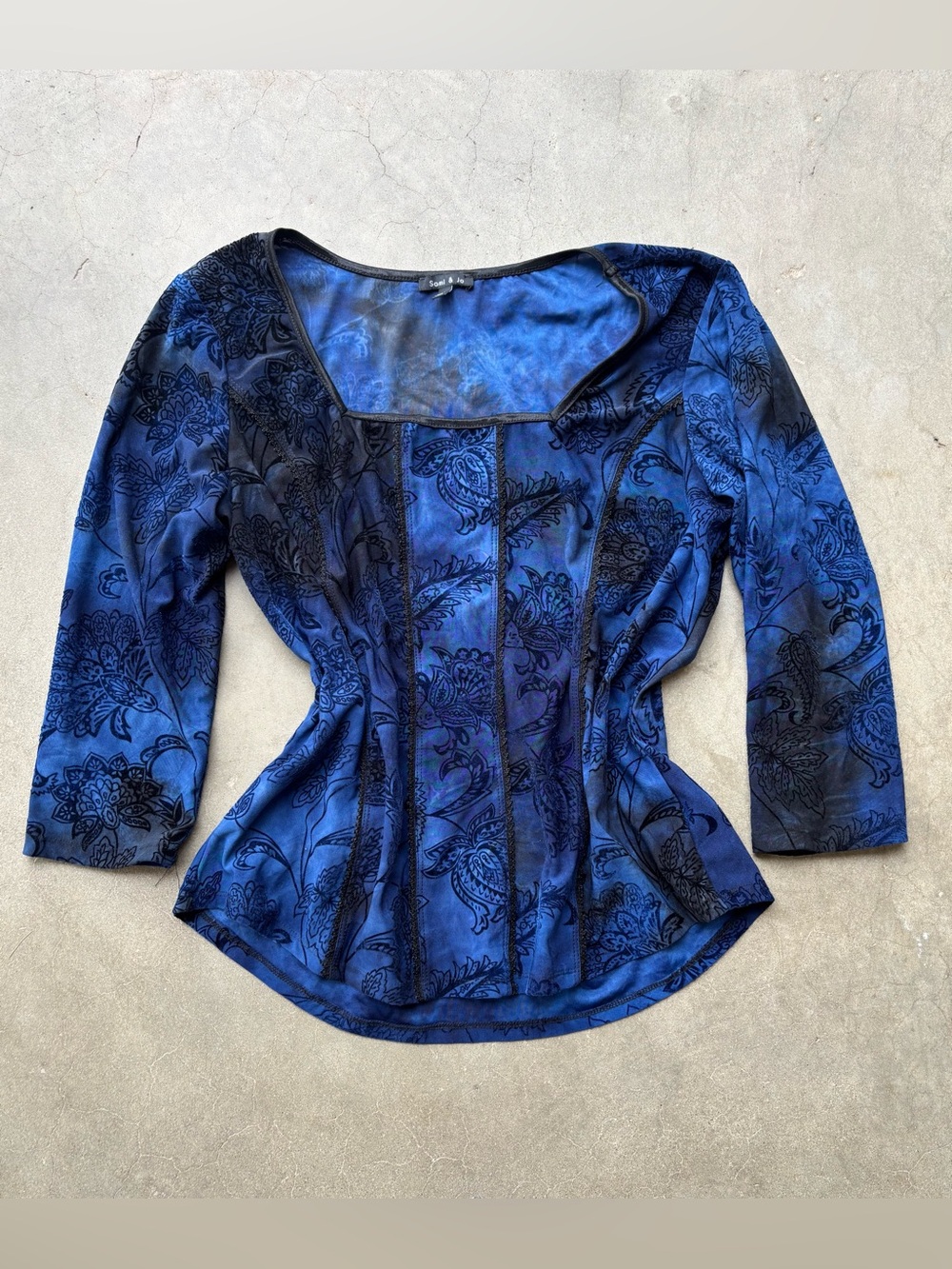 Sami & Jo Printed Paisley Mock Corset Top Blue Mesh Illusion XL